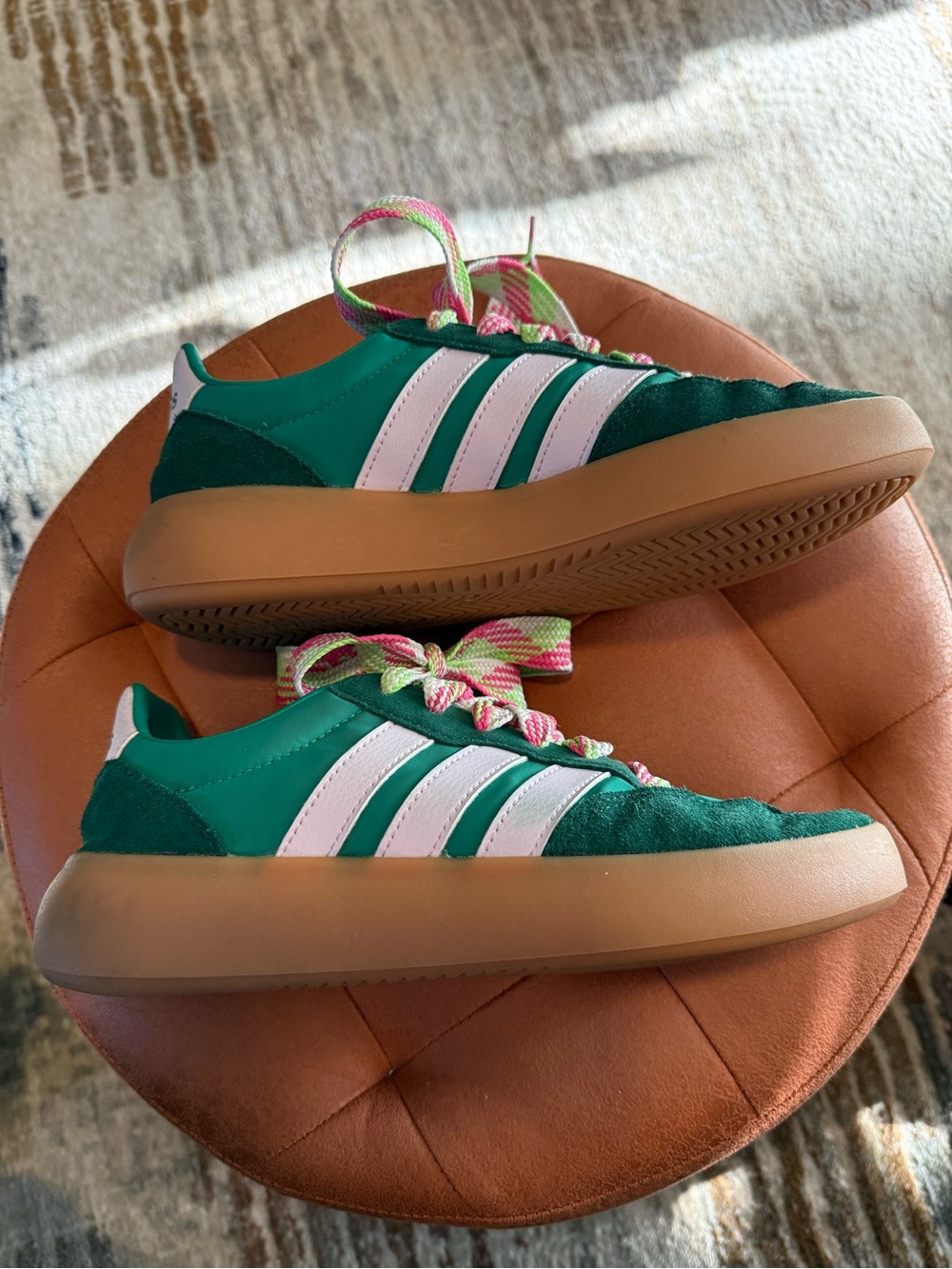 adidas Green Suede & Mesh Athletic Sneakers with Pink/Green Laces - Picture 3 of 8